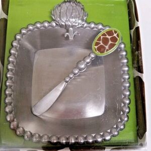 New Mud Pie Pewter Artichoke Dip Cup& Spreader Set 2009